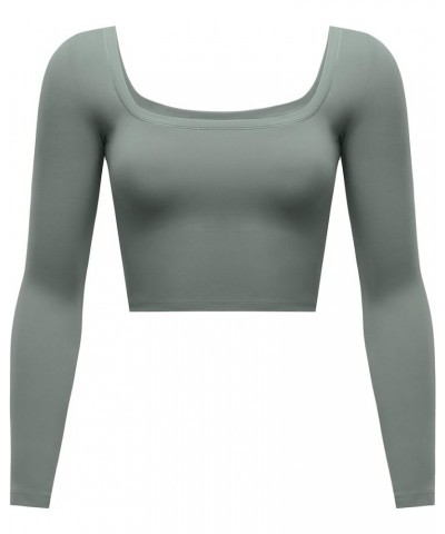 Women's Natrelax Square Neck Long Sleeve Crop Top Sexy Slim Fitted Basic Stretchy T Shirts Tops Grey Sage $19.60 T-Shirts