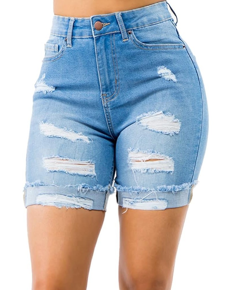 Women's High Waist Frayed Hem Denim Long Pocket Shorts Regular and Plus Size Blue Rss7059 $16.72 Shorts