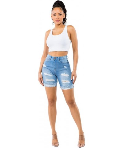 Women's High Waist Frayed Hem Denim Long Pocket Shorts Regular and Plus Size Blue Rss7059 $16.72 Shorts