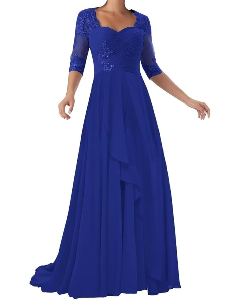 Chiffon Mother of The Bride Dresses 3/4 Sleeve Long Lace Applique Formal Wedding Guest Evening Gowns Royal Blue $26.00 Dresses