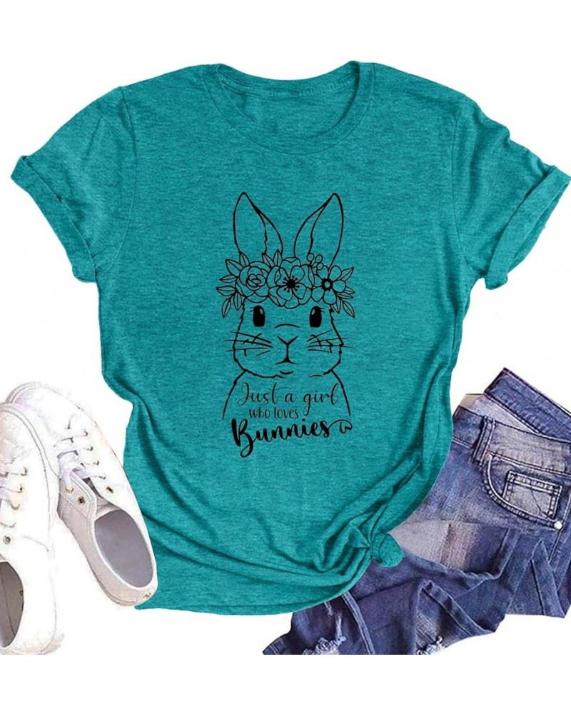 Leopard Easter Bunny T-Shirt for Women Floral Striped Rabbit Shirts Easter T Shirs Cute Bunny Tee Tops F-cyan $13.67 Tops