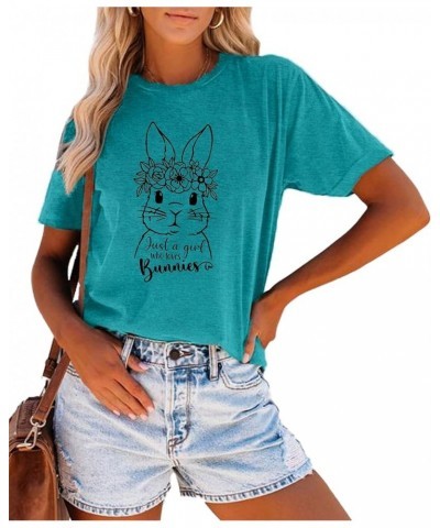 Leopard Easter Bunny T-Shirt for Women Floral Striped Rabbit Shirts Easter T Shirs Cute Bunny Tee Tops F-cyan $13.67 Tops