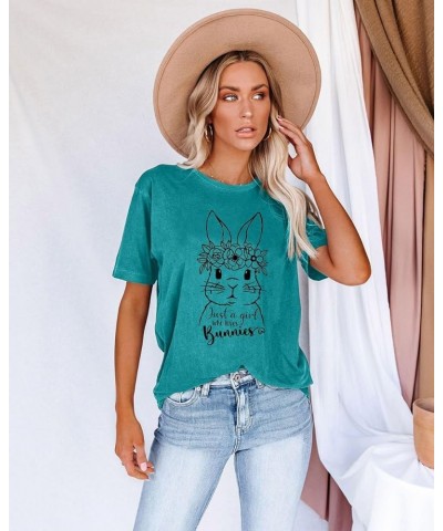 Leopard Easter Bunny T-Shirt for Women Floral Striped Rabbit Shirts Easter T Shirs Cute Bunny Tee Tops F-cyan $13.67 Tops