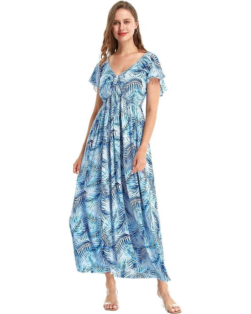 Women's Hawaiian Maxi Ruffle Sleeve Dress in Hibiscus Simply Blue Leaf $31.86 Dresses