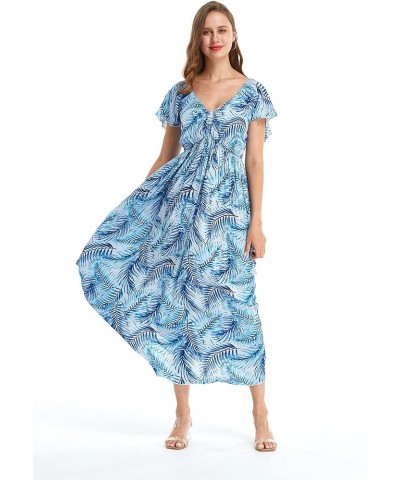 Women's Hawaiian Maxi Ruffle Sleeve Dress in Hibiscus Simply Blue Leaf $31.86 Dresses