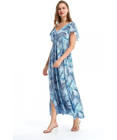 Women's Hawaiian Maxi Ruffle Sleeve Dress in Hibiscus Simply Blue Leaf $31.86 Dresses