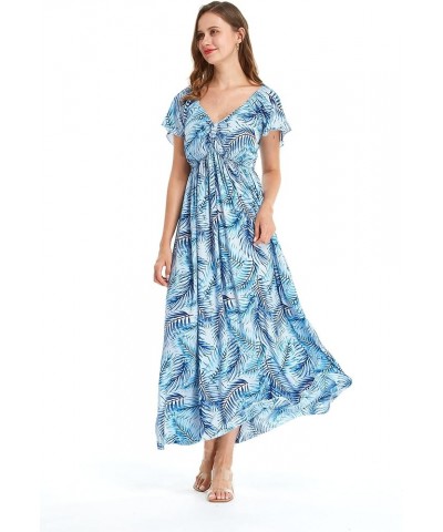 Women's Hawaiian Maxi Ruffle Sleeve Dress in Hibiscus Simply Blue Leaf $31.86 Dresses