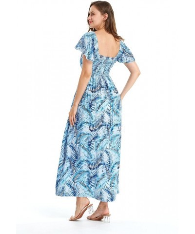 Women's Hawaiian Maxi Ruffle Sleeve Dress in Hibiscus Simply Blue Leaf $31.86 Dresses