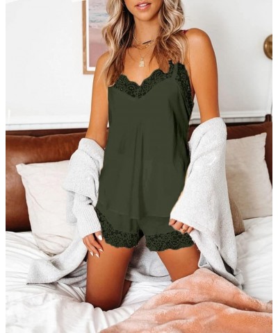 Women's Sexy Silk Satin Pajamas Sets Lace Trim Cami Tops Shorts Sleepwear Army Green $14.03 Sleep & Lounge