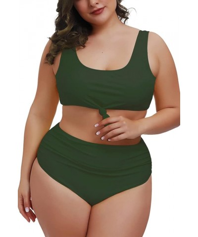 Women's 2 Piece Plus Size Halter V Neck Ruched High Waisted Bikini Tummy Control Swimsuit Bathing Suit 02 - Army Green $17.99...