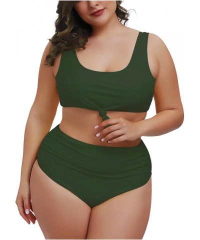 Women's 2 Piece Plus Size Halter V Neck Ruched High Waisted Bikini Tummy Control Swimsuit Bathing Suit 02 - Army Green $17.99...