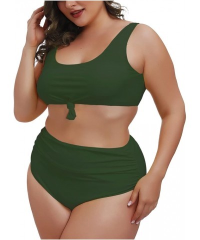 Women's 2 Piece Plus Size Halter V Neck Ruched High Waisted Bikini Tummy Control Swimsuit Bathing Suit 02 - Army Green $17.99...