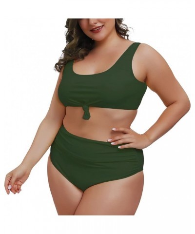 Women's 2 Piece Plus Size Halter V Neck Ruched High Waisted Bikini Tummy Control Swimsuit Bathing Suit 02 - Army Green $17.99...