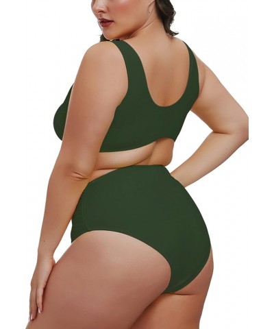 Women's 2 Piece Plus Size Halter V Neck Ruched High Waisted Bikini Tummy Control Swimsuit Bathing Suit 02 - Army Green $17.99...