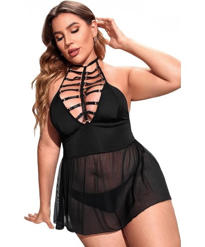 Women's Plus Size Halter Cutout Sheer Sleeveless Chemise Babydoll Teddy Lingerie Dress Black $11.25 Lingerie