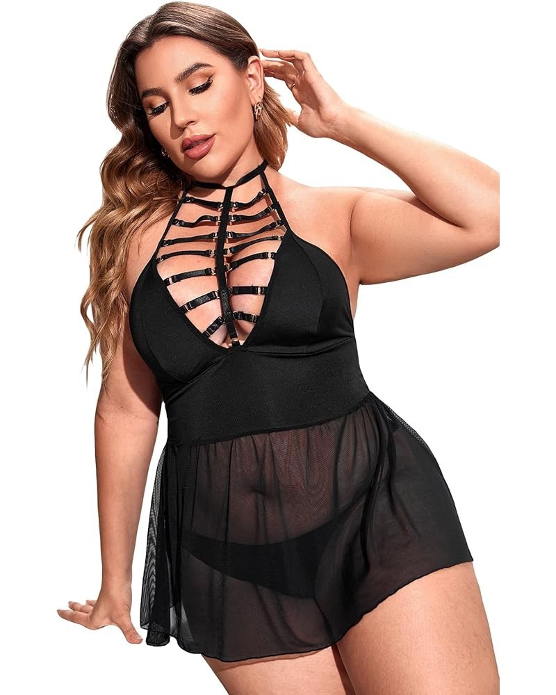 Women's Plus Size Halter Cutout Sheer Sleeveless Chemise Babydoll Teddy Lingerie Dress Black $11.25 Lingerie