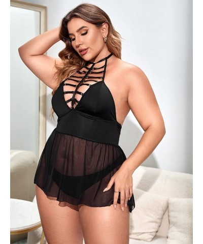 Women's Plus Size Halter Cutout Sheer Sleeveless Chemise Babydoll Teddy Lingerie Dress Black $11.25 Lingerie