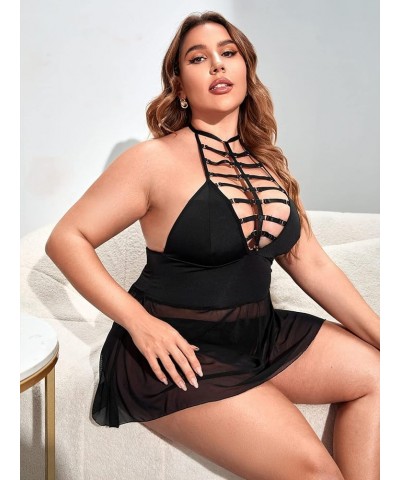 Women's Plus Size Halter Cutout Sheer Sleeveless Chemise Babydoll Teddy Lingerie Dress Black $11.25 Lingerie