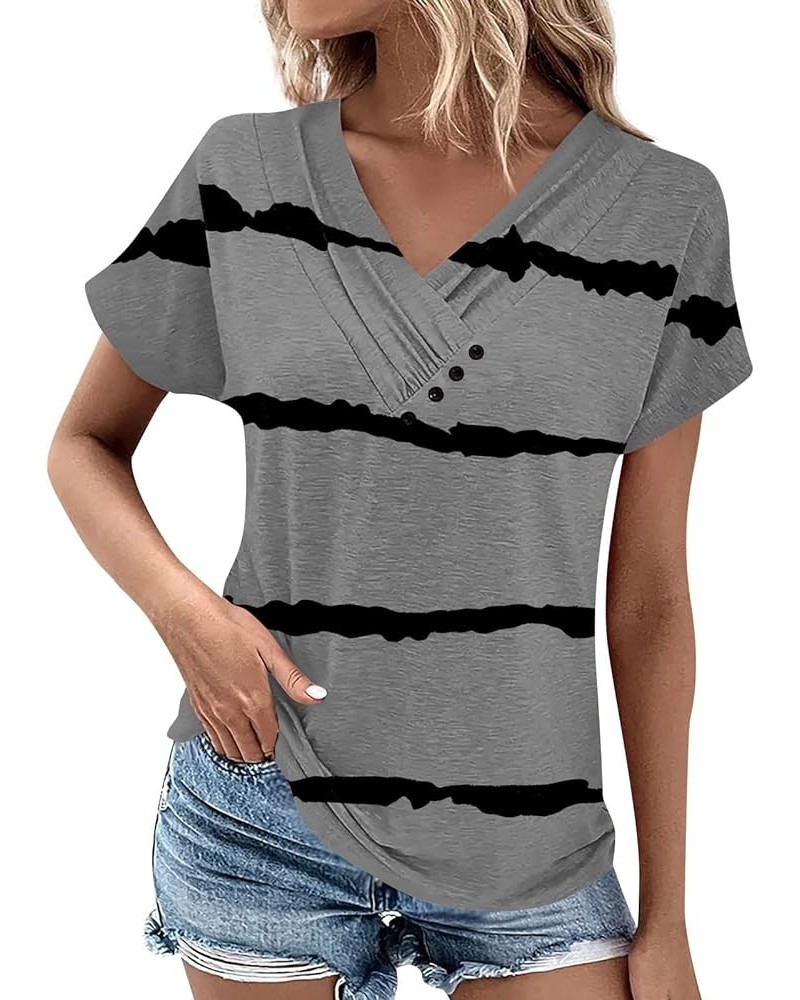 Womens Tops Dressy Casual Short Sleeve Loose Fit Shirts Spring Solid Color Button Decor Summer Blouses Bd-gray $7.55 Blouses