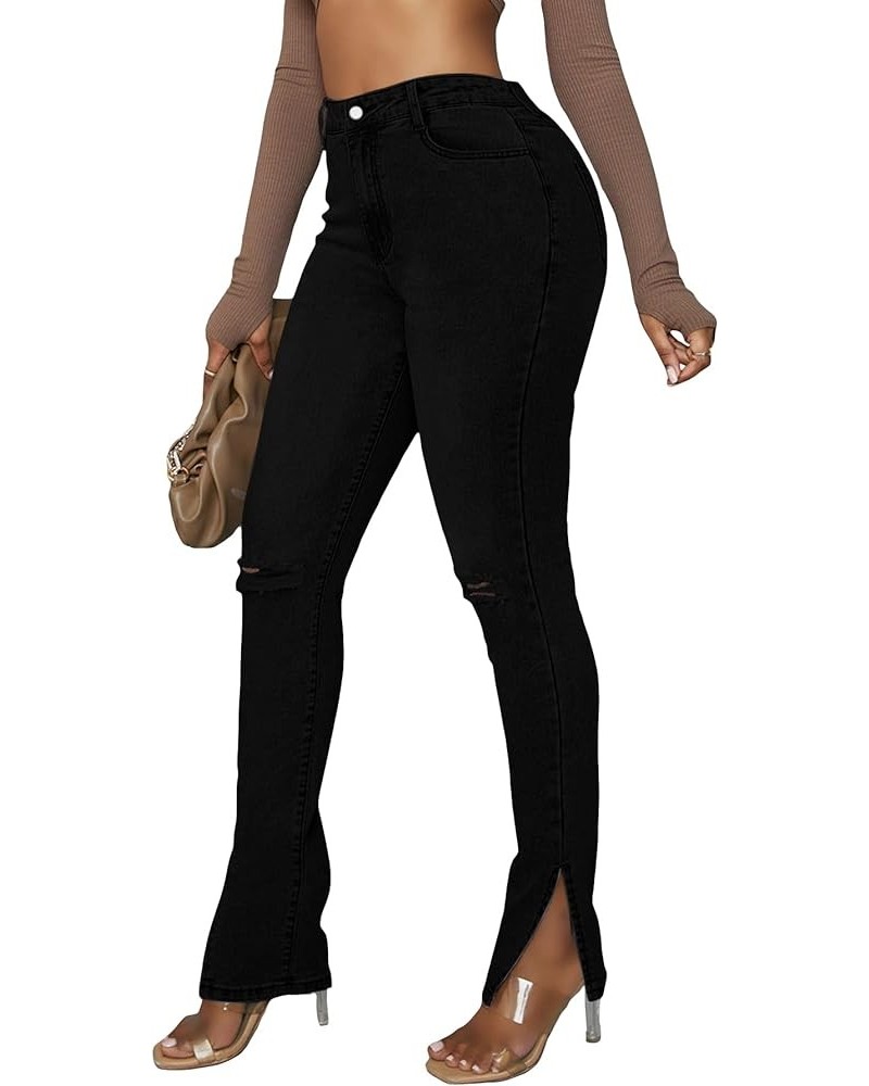 Women's Slit Hem High Waist Button Denim Zipper Fly Ripped Skinny Jeans Black $22.25 Jeans