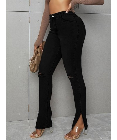 Women's Slit Hem High Waist Button Denim Zipper Fly Ripped Skinny Jeans Black $22.25 Jeans