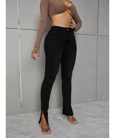 Women's Slit Hem High Waist Button Denim Zipper Fly Ripped Skinny Jeans Black $22.25 Jeans