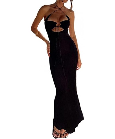 Women Tight Maxi Dress Classic Solid Color Square Neck Spaghetti Strap Sleeveless Stretchy String Dress Black Criss Cross $10...