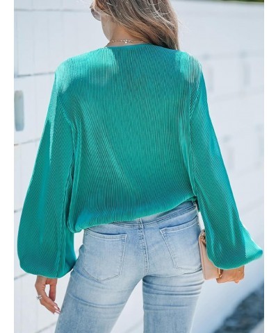 Women Surplice Neck Top Blouse with Long Peasant Sleeve Green $22.39 Blouses