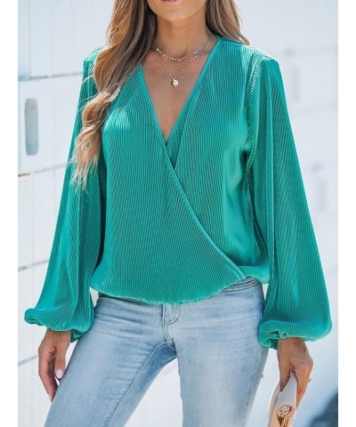 Women Surplice Neck Top Blouse with Long Peasant Sleeve Green $22.39 Blouses