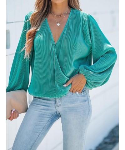 Women Surplice Neck Top Blouse with Long Peasant Sleeve Green $22.39 Blouses