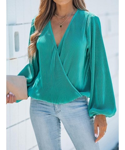 Women Surplice Neck Top Blouse with Long Peasant Sleeve Green $22.39 Blouses