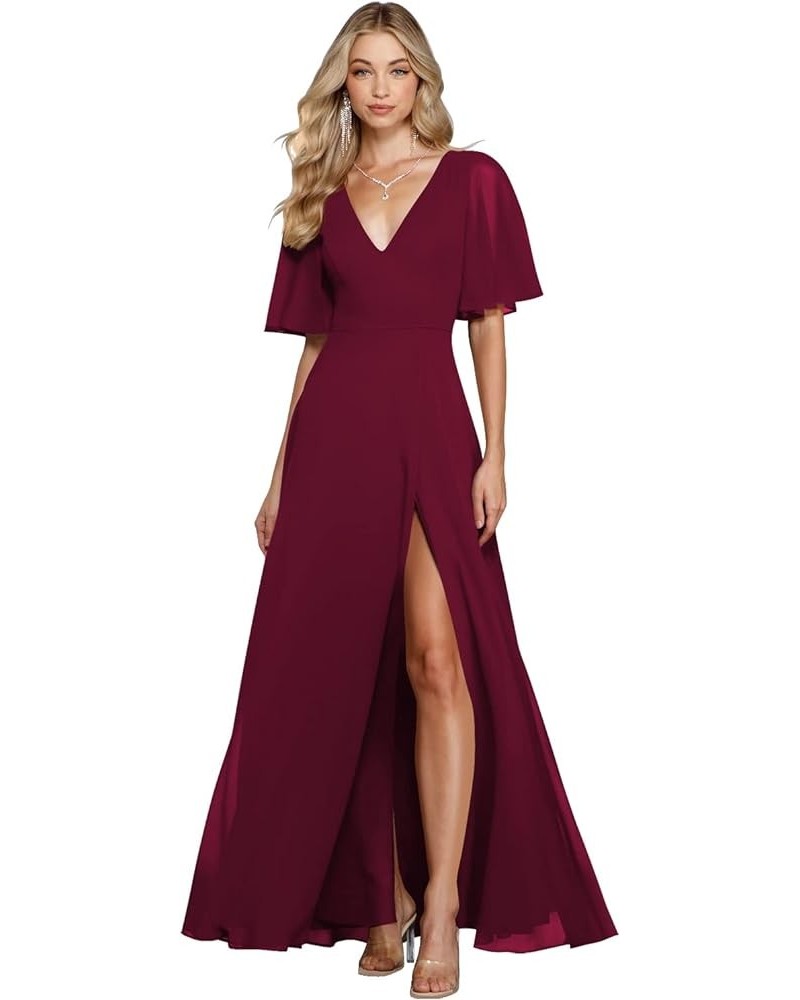 V Neck Bridesmaid Dresses with Slit 2023 Flutter Sleeves Chiffon Long Formal Dress with Pockets SYYS103 Mulberry $34.21 Dresses