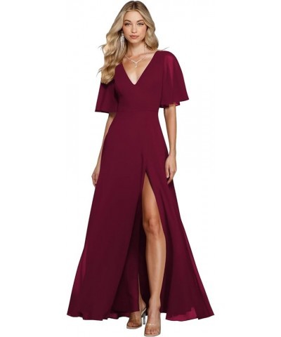 V Neck Bridesmaid Dresses with Slit 2023 Flutter Sleeves Chiffon Long Formal Dress with Pockets SYYS103 Mulberry $34.21 Dresses