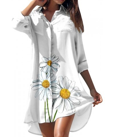 Womens Button Down Long Sleeve Shirt Dress Casual Floral Print Mini Dresses Loose Fit Beach Blouse Dress with Pockets White $...