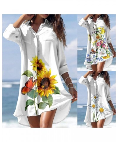 Womens Button Down Long Sleeve Shirt Dress Casual Floral Print Mini Dresses Loose Fit Beach Blouse Dress with Pockets White $...