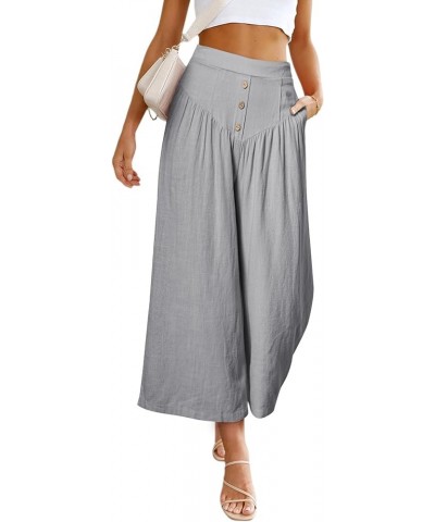 Cropped Wide Leg Pants for Women Fashion High Waist Button Linen Pants Flowy Palazzo Pants with Pockets D Gray $20.51 Pants