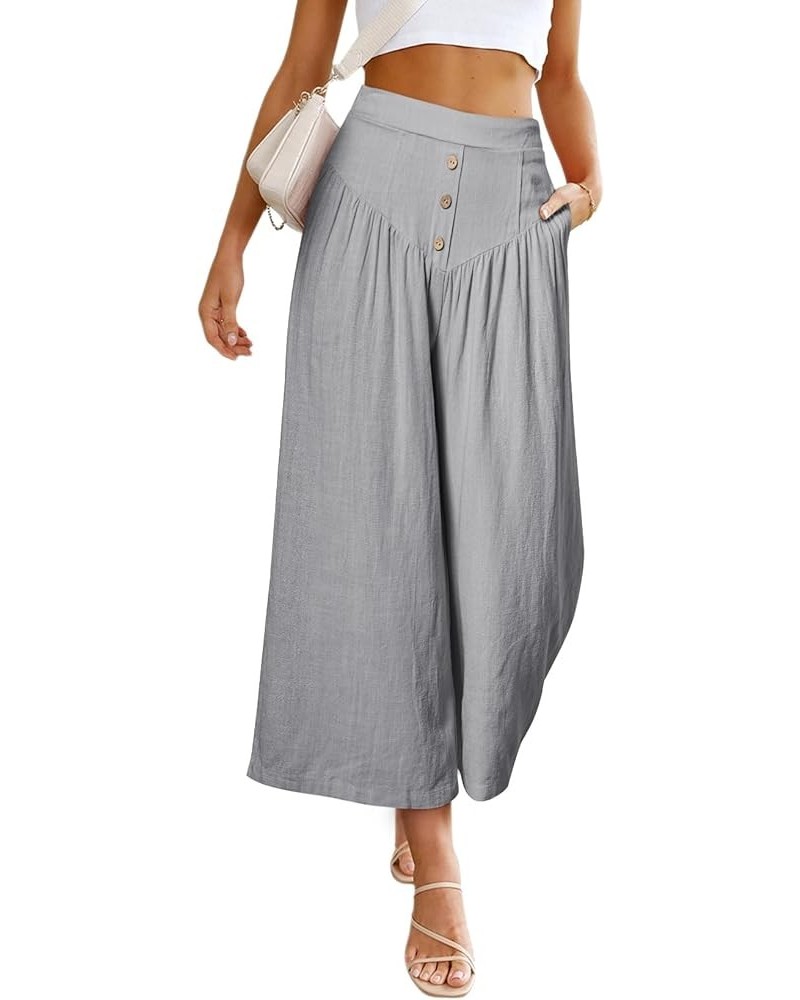 Cropped Wide Leg Pants for Women Fashion High Waist Button Linen Pants Flowy Palazzo Pants with Pockets D Gray $20.51 Pants