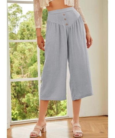 Cropped Wide Leg Pants for Women Fashion High Waist Button Linen Pants Flowy Palazzo Pants with Pockets D Gray $20.51 Pants