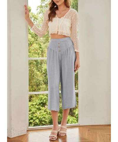 Cropped Wide Leg Pants for Women Fashion High Waist Button Linen Pants Flowy Palazzo Pants with Pockets D Gray $20.51 Pants