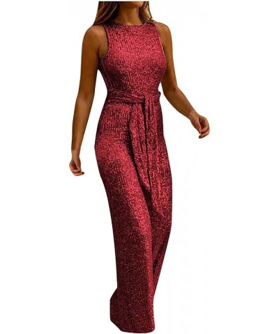 Womens 2023 Sequin Tank Jumpsuits Waist Belted Summer Trendy Loose Wide Leg Rompers Dressy Formal Romper Jumpsuit Wine 3 $10....