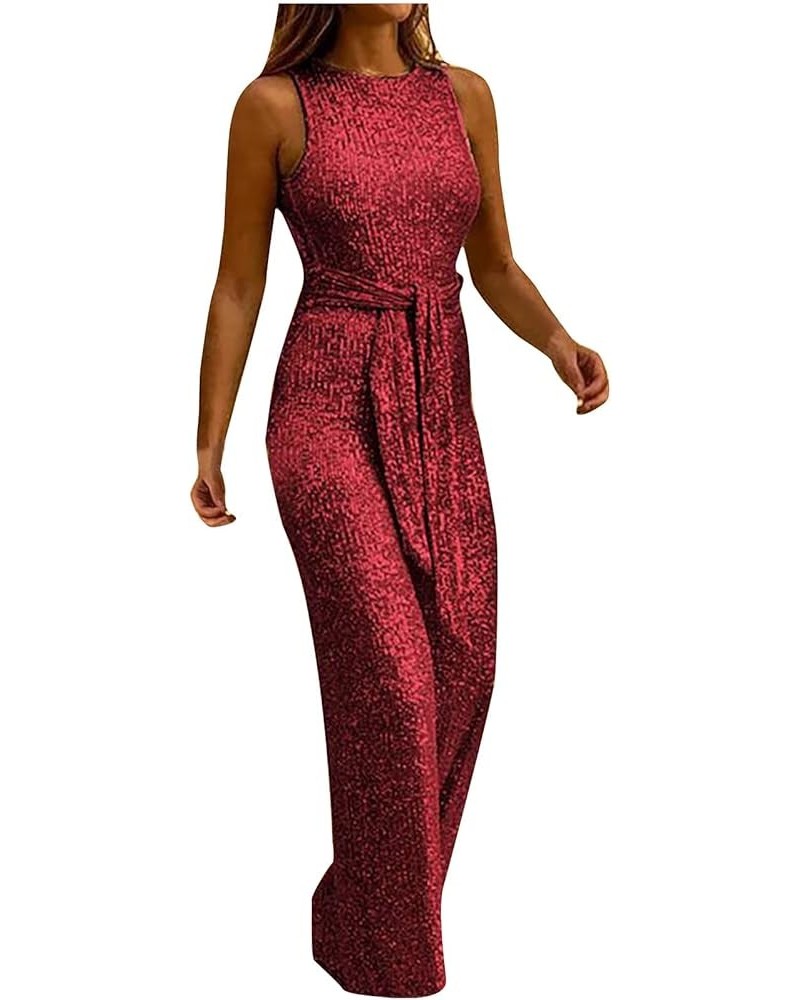 Womens 2023 Sequin Tank Jumpsuits Waist Belted Summer Trendy Loose Wide Leg Rompers Dressy Formal Romper Jumpsuit Wine 3 $10....