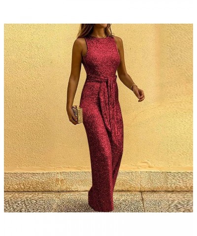 Womens 2023 Sequin Tank Jumpsuits Waist Belted Summer Trendy Loose Wide Leg Rompers Dressy Formal Romper Jumpsuit Wine 3 $10....