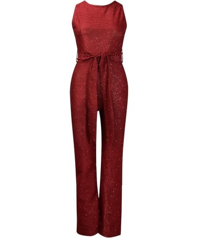 Womens 2023 Sequin Tank Jumpsuits Waist Belted Summer Trendy Loose Wide Leg Rompers Dressy Formal Romper Jumpsuit Wine 3 $10....