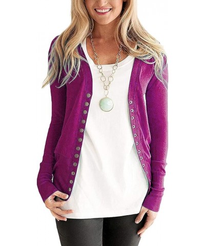 Women's Open Front Cardigans Casual Long Sleeve Classic Knit Sweater Outerwear with Pockets V-neck Coat Blouses 10 Purple $10...