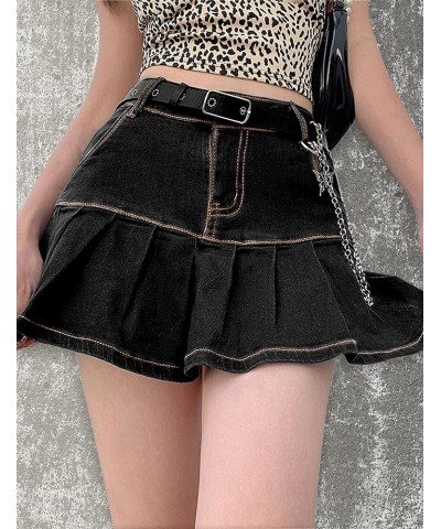 Women's Pleated Jean Skirt Casual A-Line Ruffle Y2K Mini Denim Skirt Black $16.26 Shorts