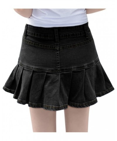 Women's Pleated Jean Skirt Casual A-Line Ruffle Y2K Mini Denim Skirt Black $16.26 Shorts