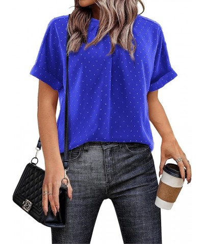 Womens Work Blouses Swiss Dots Casual Short Sleeve Crew Neck Office Shirts Blue $17.04 Blouses