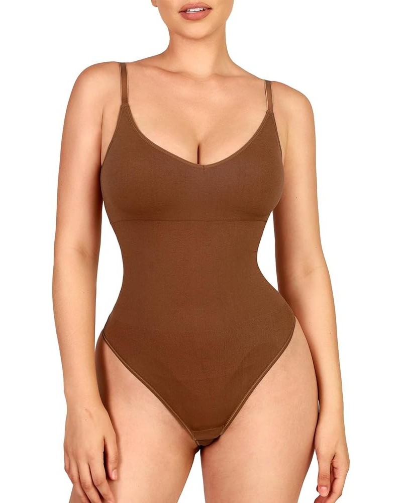 Bodysuit with Built in Bra Thong Sculpting Seamless Shapewear Versatile for Every Season Coffee Brown- V Neck Thong $19.23 Li...