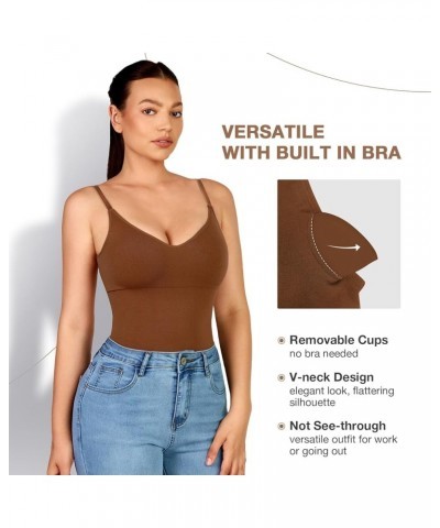 Bodysuit with Built in Bra Thong Sculpting Seamless Shapewear Versatile for Every Season Coffee Brown- V Neck Thong $19.23 Li...