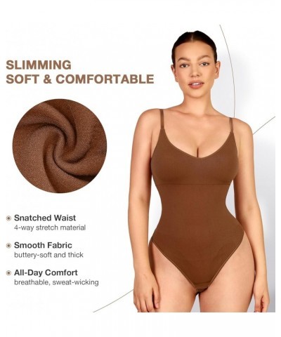 Bodysuit with Built in Bra Thong Sculpting Seamless Shapewear Versatile for Every Season Coffee Brown- V Neck Thong $19.23 Li...